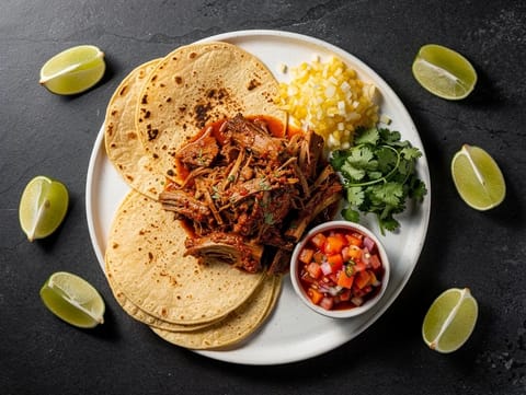 Fiesta-Barbacoa-Platte (langsam gegartes Lamm mit Tortillas und Salsa)