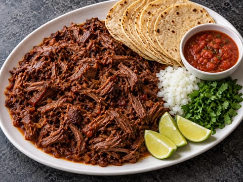 Fiesta Barbacoa Platter (miel gătit lent cu tortillas și salsa) Fiesta Barbacoa Platter (miel gătit lent cu tortillas și salsa)