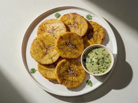Fiesta Tostones (Dubbelstekta gröna matbananer med lime- och vitlöksdipp) Fiesta Tostones (Dubbelstekta gröna matbananer med lime- och vitlöksdipp)