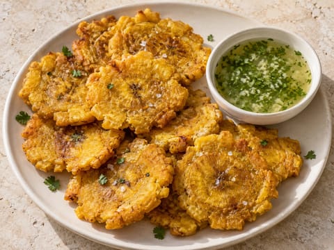 Fiesta Tostones (kétszer sült zöld főzőbanán lime-os-fokhagymás mártogatóssal) Fiesta Tostones (kétszer sült zöld főzőbanán lime-os-fokhagymás mártogatóssal)