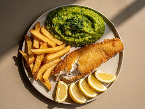 Fish and Chips muusatuilla herneillä Fish and Chips muusatuilla herneillä