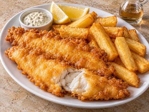 Fish and Chips (fisk i ølpanering med grove pommes frites) Fish and Chips (fisk i ølpanering med grove pommes frites)