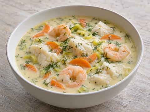 Fiskesuppe (Noorse romige vissoep met garnalen)