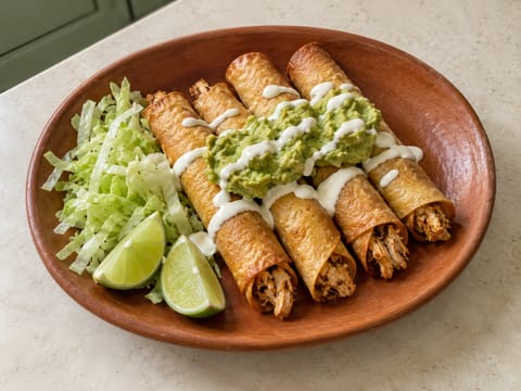 Flautas de Pollo (knusprige Hähnchen-Tortillaröllchen mit Crema und Guacamole) Flautas de Pollo (knusprige Hähnchen-Tortillaröllchen mit Crema und Guacamole)