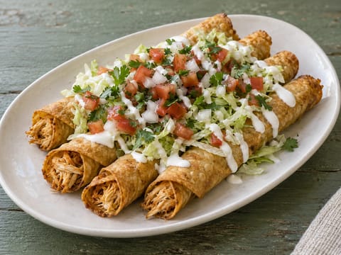Flautas de Pollo con Crema (sprø kyllingflautas med crema og salsa)