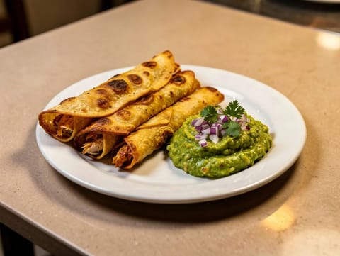 Flautas de Pollo (tortillas crujientes de pollo con guacamole)