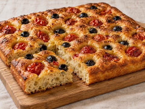 Focaccia Barese met olijven en cherrytomaten