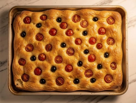 Focaccia Barese (focaccia all’olio con pomodorini e olive)