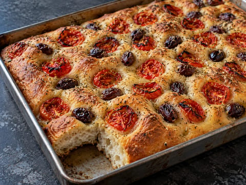 Focaccia Barese com azeitonas e tomates-cereja Focaccia Barese com azeitonas e tomates-cereja