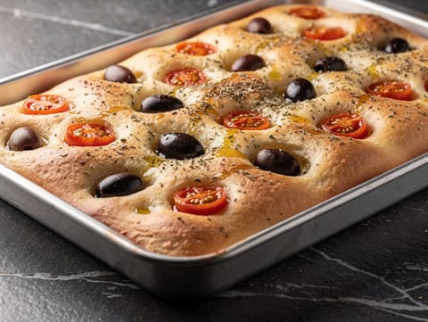 Focaccia Barese con aceitunas y tomates cherry Focaccia Barese con aceitunas y tomates cherry