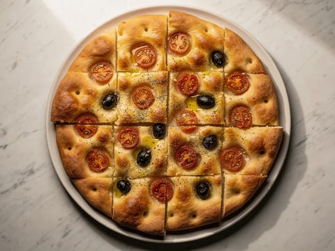 Focaccia Barese (domatesli ve zeytinli patatesli focaccia)