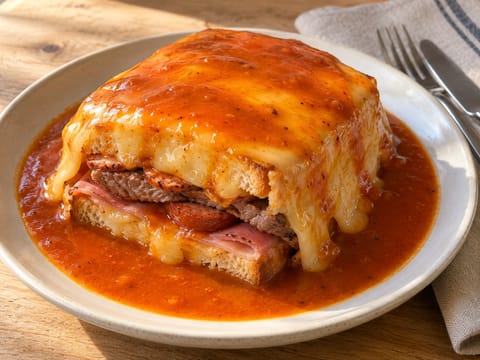 Francesinha (sendvič z Porta s pivní a rajčatovou omáčkou) Francesinha (sendvič z Porta s pivní a rajčatovou omáčkou)