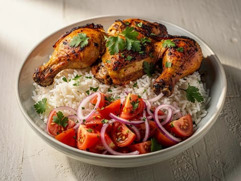 Frango-Piri-Piri-Bowl (scharfes Hähnchen mit Reis und Tomatensalat) Frango-Piri-Piri-Bowl (scharfes Hähnchen mit Reis und Tomatensalat)