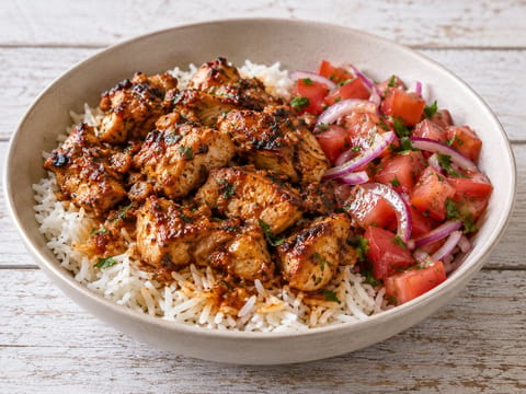 Frango Piri-Piri Bowl (poulet épicé avec riz et salade de tomates) Frango Piri-Piri Bowl (poulet épicé avec riz et salade de tomates)