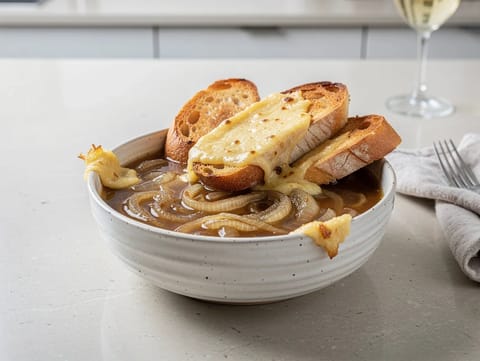 Französische Zwiebelsuppe mit Gruyère-Toast