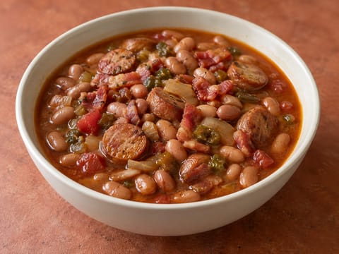 Frijoles Charros (pintobønner med bacon og pølse)