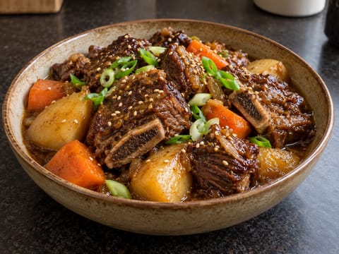 Galbijjim (korealaiset haudutetut naudan lyhyet kylkiluut porkkanalla ja perunalla) Galbijjim (korealaiset haudutetut naudan lyhyet kylkiluut porkkanalla ja perunalla)