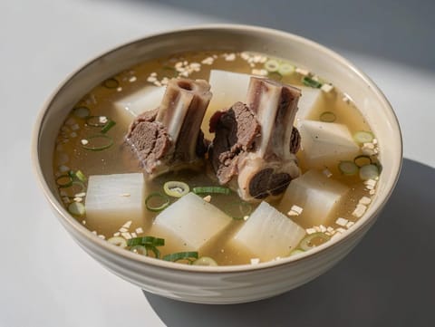 Galbitang (koreansk klar suppe med oksekorte ribber og reddik) Galbitang (koreansk klar suppe med oksekorte ribber og reddik)