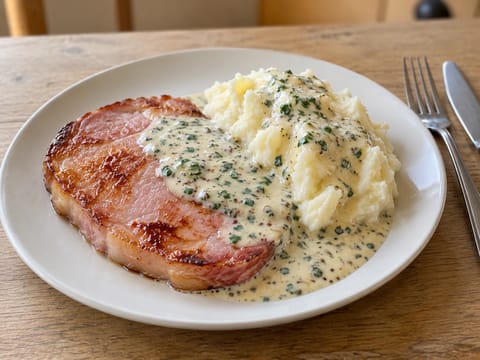 Gammon-Steaks mit Petersiliensoße und Kartoffelpüree