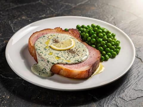 Gammonskiver med persillesauce og ærter