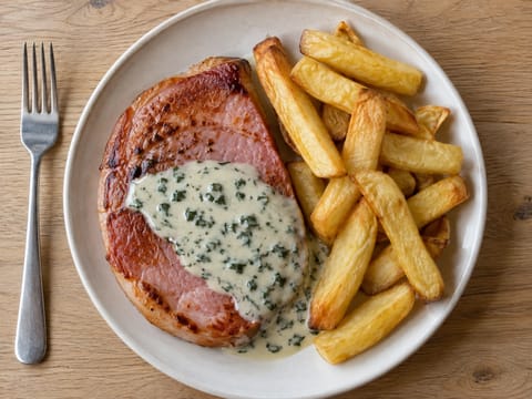 Steak de gammon, sauce au persil et frites Steak de gammon, sauce au persil et frites