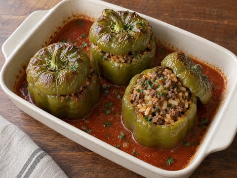 Gefüllte Paprika (saksalaiset täytetyt paprikat jauhelihalla ja riisillä) Gefüllte Paprika (saksalaiset täytetyt paprikat jauhelihalla ja riisillä)