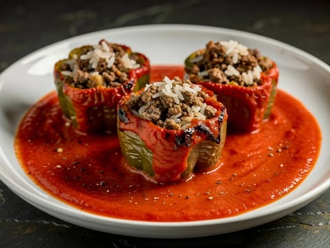 Gefüllte Paprika in Tomatensoße (töltött paprika paradicsomszószban)