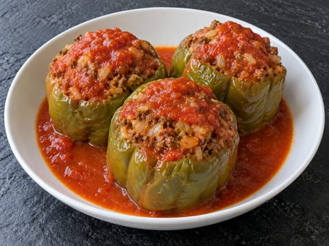 Gefüllte Paprika in Tomatensoße (ardei umpluți în sos de roșii) Gefüllte Paprika in Tomatensoße (ardei umpluți în sos de roșii)