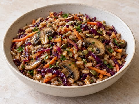 Tyskinspirerad grönsaksskål med dinkel, kål och svamp Tyskinspirerad grönsaksskål med dinkel, kål och svamp