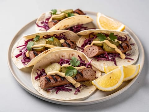 Γερμανικά street tacos με bratwurst και σάλτσα γιαουρτιού-μουστάρδας