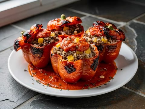 Kıymalı ve Pirinçli Dolmalık Biber (Gevulde Paprika)