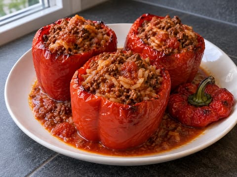 Peperoni ripieni con macinato di manzo e riso (Gevulde Paprika) Peperoni ripieni con macinato di manzo e riso (Gevulde Paprika)