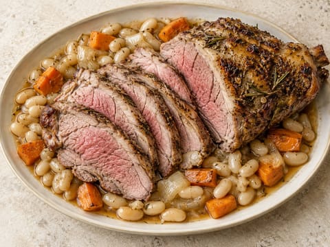 Gigot d’Agneau Rôti (gebratene Lammkeule) mit weißen Bohnen Gigot d’Agneau Rôti (gebratene Lammkeule) mit weißen Bohnen