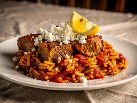 Giouvetsi (bárányos orzo-paradicsomszószos tepsis étel)