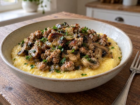 Polenta con Funghi e Salsiccia (polenta sienillä ja makkaralla)