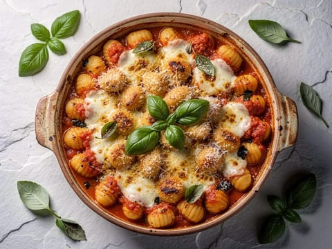 Gnocchi alla Sorrentina (ovnsbakte gnocchi med tomat, basilikum og mozzarella)