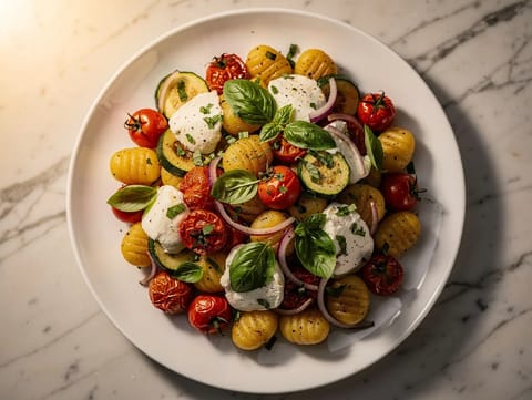 Plaatgnocchi met tomaten, mozzarella en basilicum Plaatgnocchi met tomaten, mozzarella en basilicum