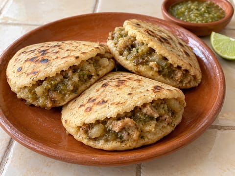 Gorditas de Chicharrón Prensado (masa-kager med fyld af svineflæskesvær)