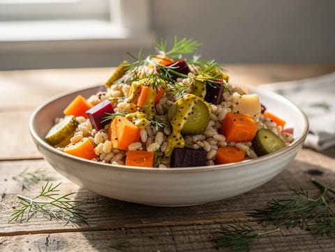 Bol de céréales à l’orge perlé à l’allemande, sauce moutarde et cornichons Bol de céréales à l’orge perlé à l’allemande, sauce moutarde et cornichons