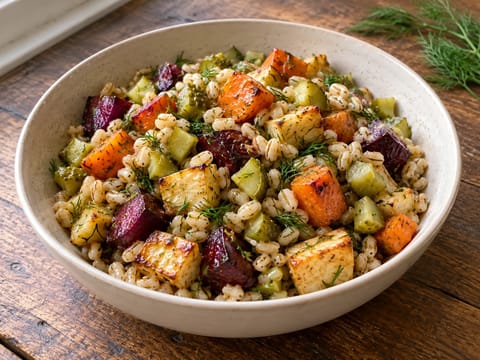 German-Style Barley Grain Bowl with Mustard Dressing and Gherkins German-Style Barley Grain Bowl with Mustard Dressing and Gherkins