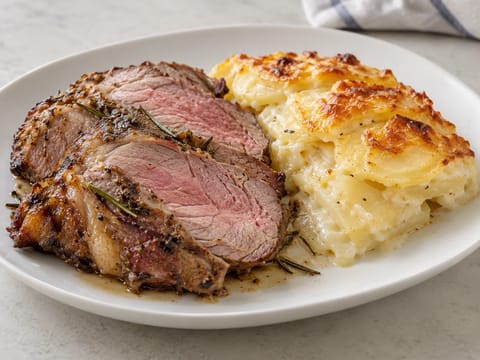 Gratin Dauphinois s pečeným jehněčím Gratin Dauphinois s pečeným jehněčím