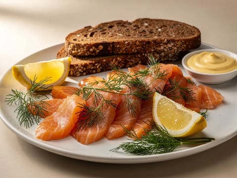Fuente de gravlax con eneldo, pan de centeno y salsa de mostaza Fuente de gravlax con eneldo, pan de centeno y salsa de mostaza