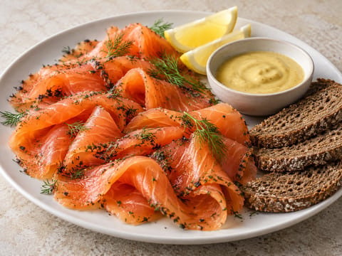 Piatto di gravlax con aneto, pane di segale e salsa alla senape Piatto di gravlax con aneto, pane di segale e salsa alla senape