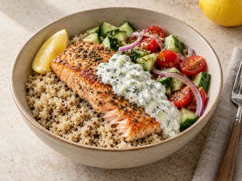 Bol griego de salmón con quinoa y tzatziki Bol griego de salmón con quinoa y tzatziki