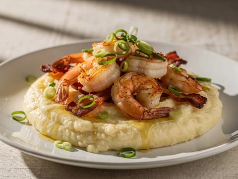 Shrimp and Grits (grits di mais cremose con bacon e gamberi) Shrimp and Grits (grits di mais cremose con bacon e gamberi)