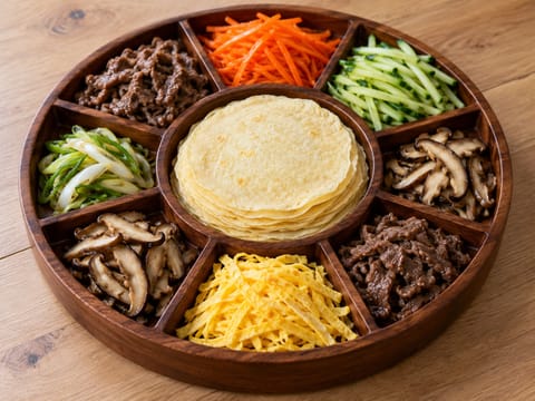 Gujeolpan (Koreaanse koninklijke schaal met negen vakken en crêpes) Gujeolpan (Koreaanse koninklijke schaal met negen vakken en crêpes)