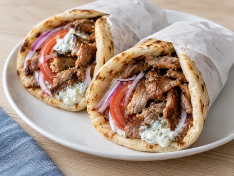Gyros (grekisk fläskpita med tzatziki) Gyros (grekisk fläskpita med tzatziki)