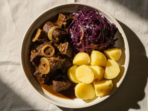 Hachee Met Rodekool (nizozemský hovězí a cibulový guláš s červeným zelím) Hachee Met Rodekool (nizozemský hovězí a cibulový guláš s červeným zelím)