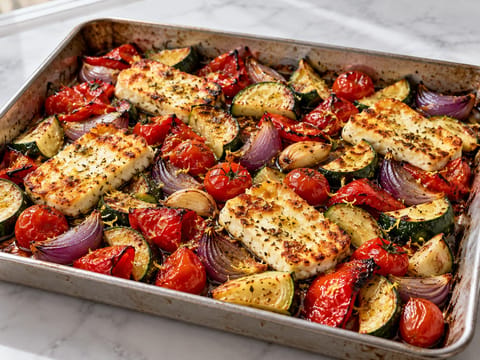 Halloumi og ovnbagte grøntsager i bradepande Halloumi og ovnbagte grøntsager i bradepande
