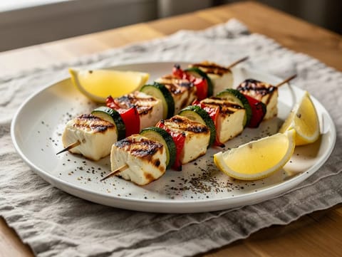 Grillede halloumi-spyd med squash og rød peberfrugt Grillede halloumi-spyd med squash og rød peberfrugt